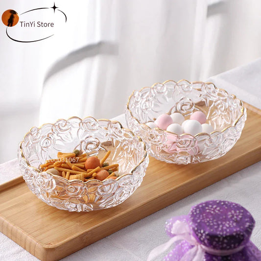 DecorBites™ Glass Salad Bowl with Golden Edge - Vintage Engraving, Relief Craft