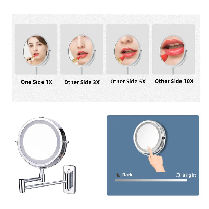 Espejo de Maquillaje con Luz LED Decorbites™ de 10X de Aumento, Doble Cara con Atenuación Táctil