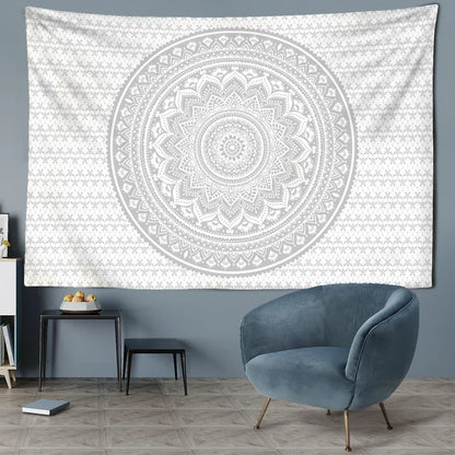 Tapiz de pared DecorBites™ Mandala gris, arte psicodélico hippie para una decoración estética del hogar.