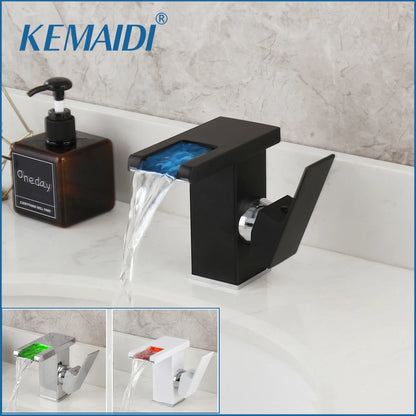 KEMAIDI Black LED Bathroom Sink Faucet Mixer Bathroom Waterfall Faucets Washbasin Cold And Hot Mixer Deck Mounted Crane Tap