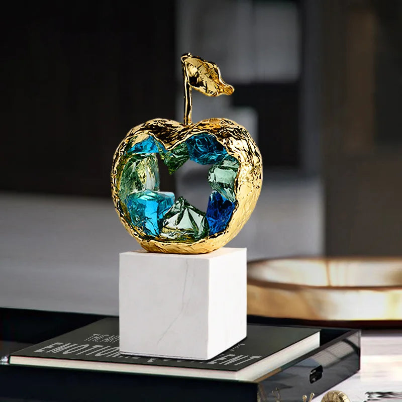 DecorBites™ Crystal Fruit Sculpture Set: Golden Apple & Pear Handicrafts for Home Decoration