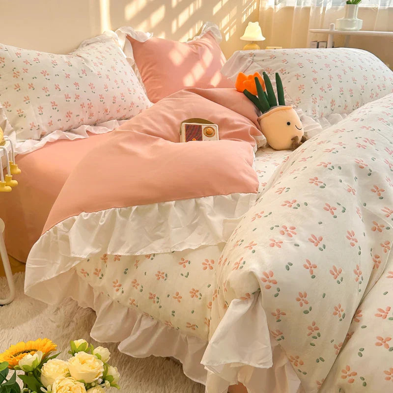 Decobites Korean Princess Floral Ruffles Bedding Set: Single/Queen Duvet, Cover, & Pillowcases