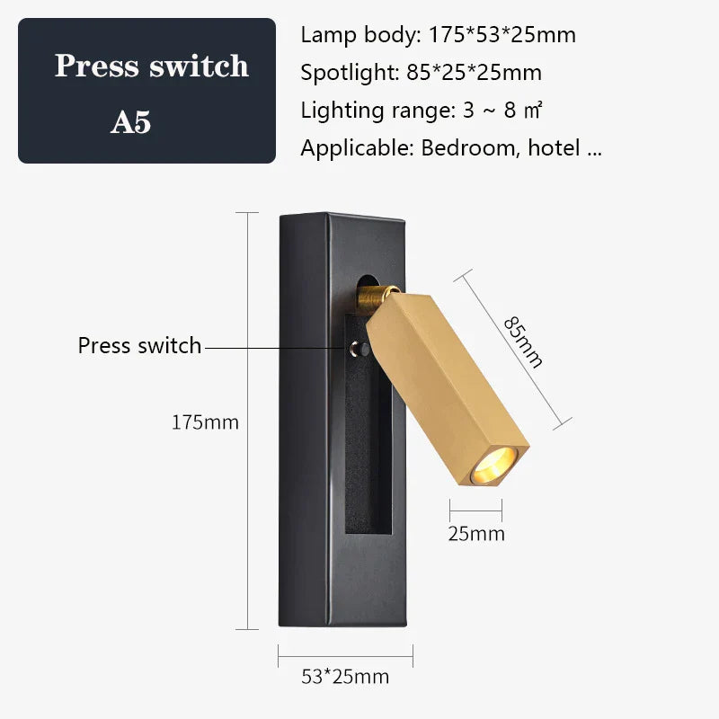 DecorBites™ Black Brass Wall Sconce with USB Port and Switch, 3W Spotlight for Bedroom