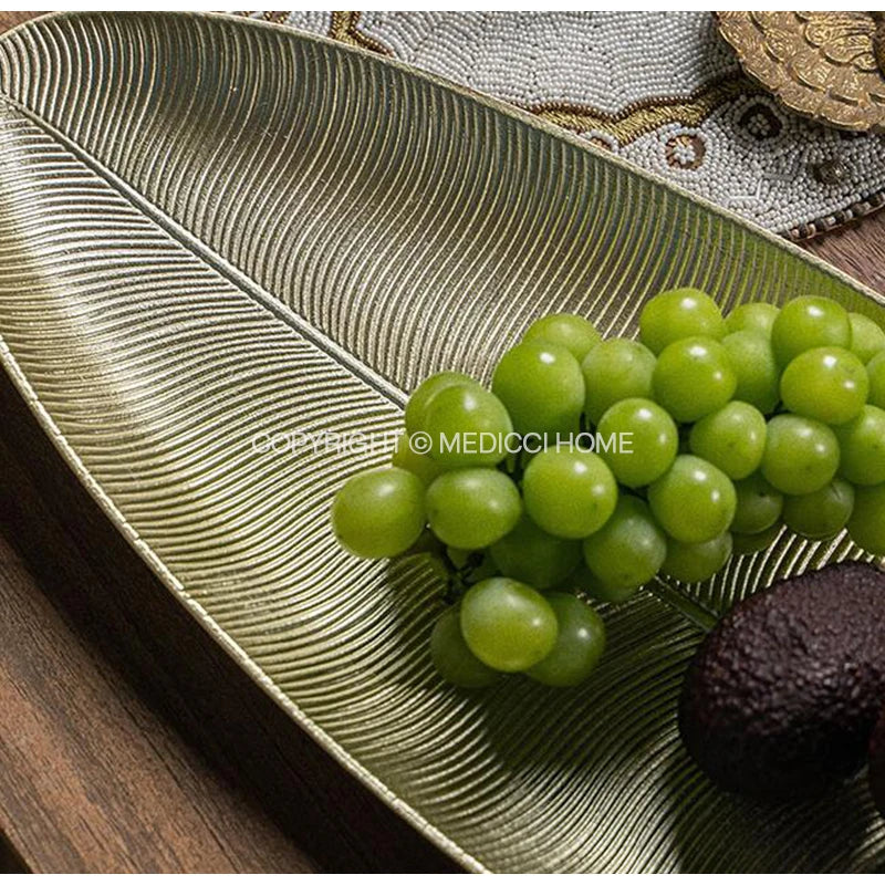 DecorBites™ Leaf Shape Gold Paint Wooden Tray 14.5x40cm - Modern Decorative Tableware
