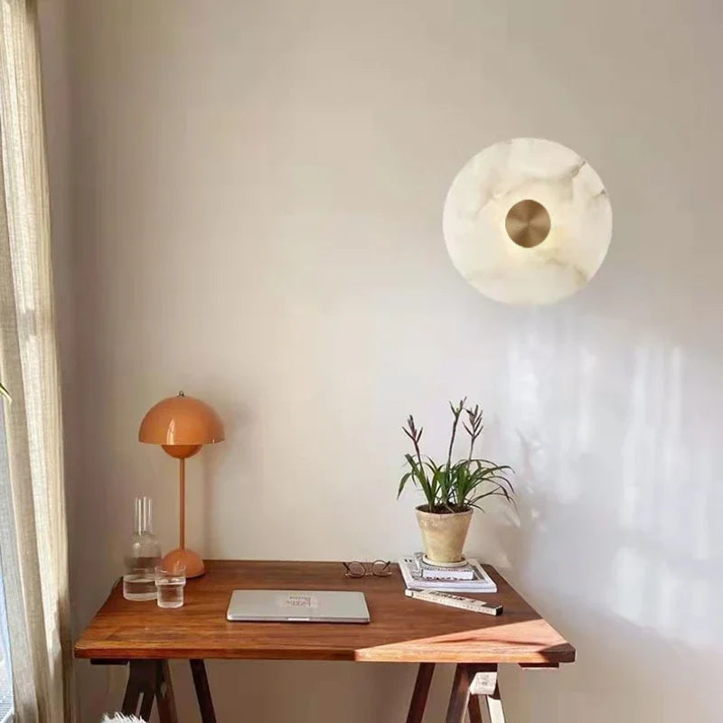 DecorBites™ LED Marble Brass Wall Sconce: Modern Art Deco Round Light for Parlor & Aisle