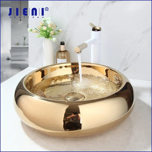 DecorBites™ Golden Plated Round Ceramic Luxury Bath Mixer Set with Brass Faucet & Pop Drain
