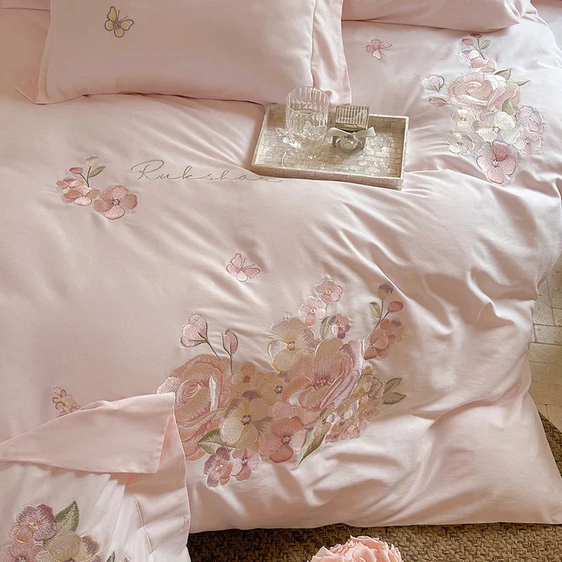 Decobites Pink Flowers Embroidery Cotton Bedding Set - Duvet Cover, Bed Sheet, Pillowcases