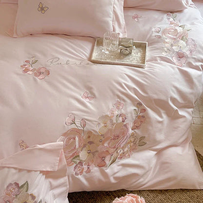 Decobites Pink Flowers Embroidery Cotton Bedding Set - Duvet Cover, Bed Sheet, Pillowcases