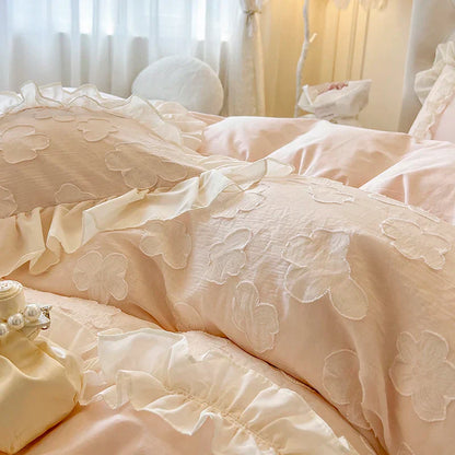 Decobites Princess Flowers Lace Ruffles Bedding Set: 100% Cotton Duvet Cover, Fitted Sheet, Bed Sheet, Pillowcases