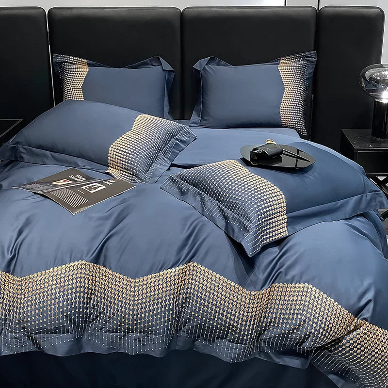 طقم مفروشات فاخر مطرز من القطن DecorBites™ 1000TC باللون الأزرق والأبيض والشمبانيا