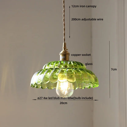 DecorBites™ LED Pendant Lamp with Adjustable Wire, Copper Socket, Walnut Wood, Green Glass