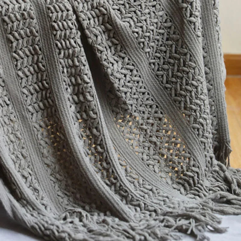 Decobites Nordic Knitted Sofa Blanket with Tassels - Solid Color Siesta Shawl Blanket