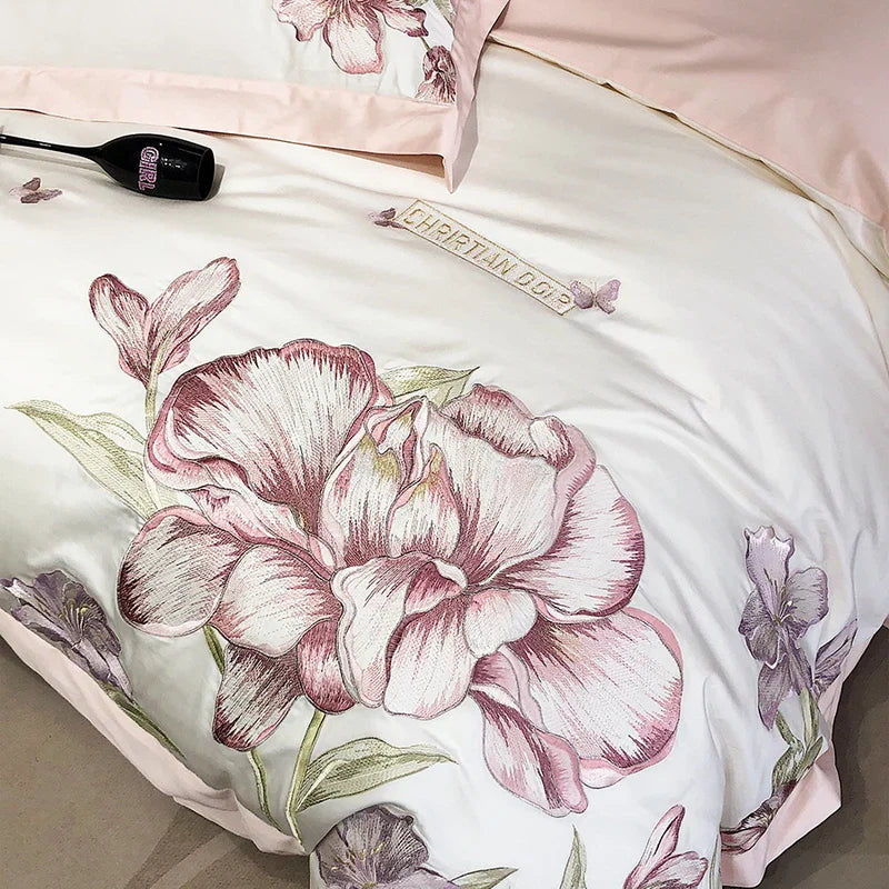 Decobites Blooming Flowers Embroidery Bedding Set 600TC Egyptian Cotton Duvet Cover Queen King