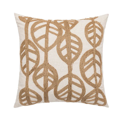 DecorBites™ Linen Embroidery Leaves Cushion Cover 45x45cm Beige Green Aesthetic Throw Pillow