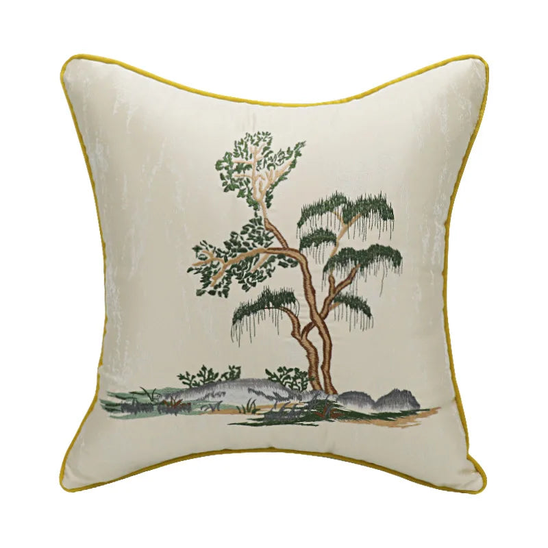 DecorBites™ Chinese Ancient Art Chinoiserie Landscape Embroidered Lumbar Pillow Cover