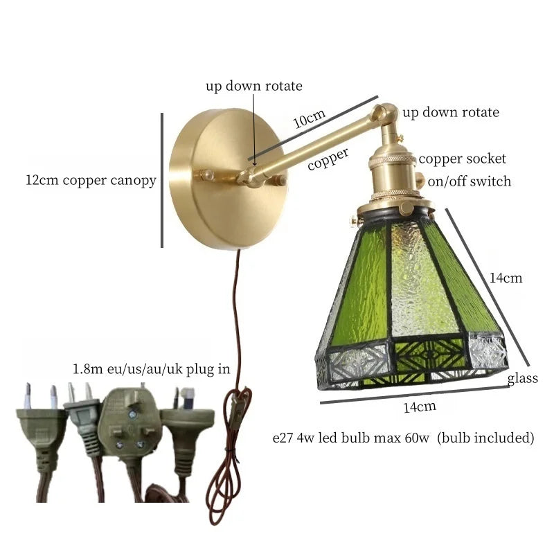 DecorBites™ Green Glass LED Wall Sconce, Pull Chain Switch, for Bedside, Bathroom, Living Room
