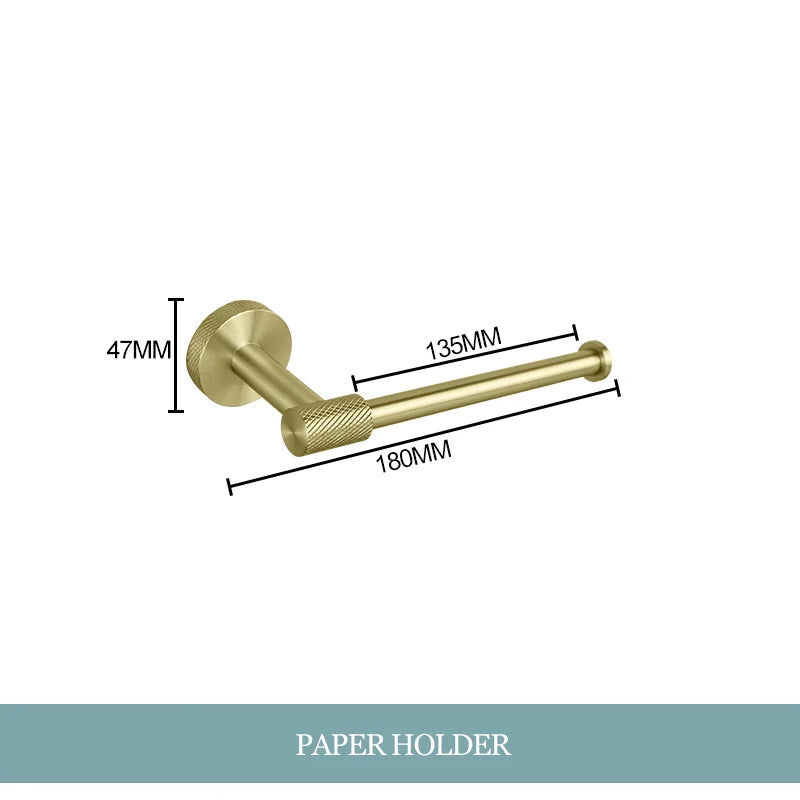 Conjunto de Hardware Decorbites™ Gold: Barra de Toallas, Soporte para Papel Higiénico, Gancho para Batas, Colgador de Tazas
