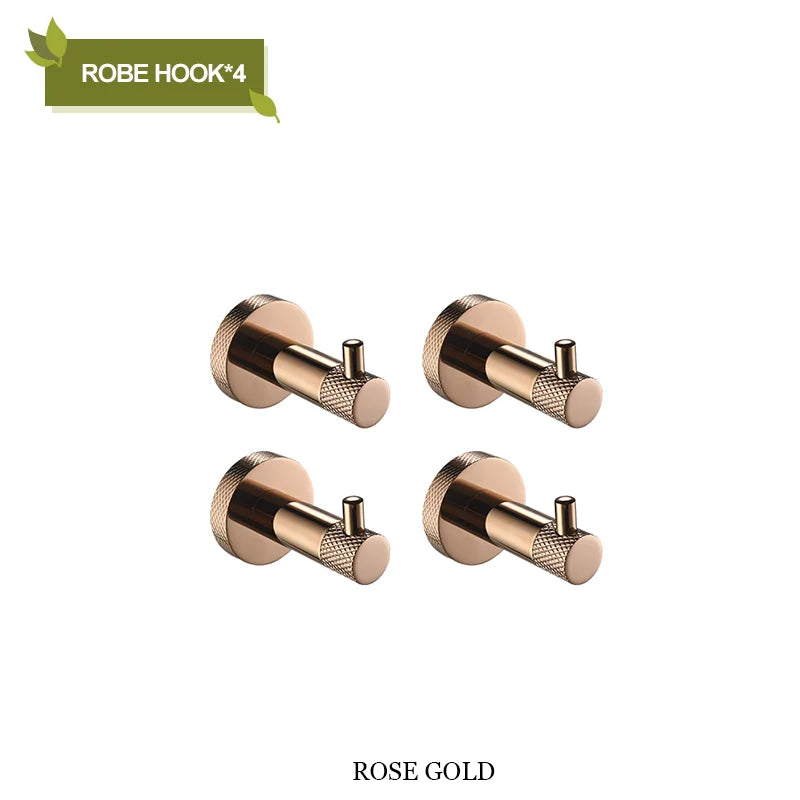 DecorBites™ Bathroom Accessories Set: Rose Gold Chrome Hook, Brushed Gold Towel Rack, Stainless Steel Toilet Paper Holder