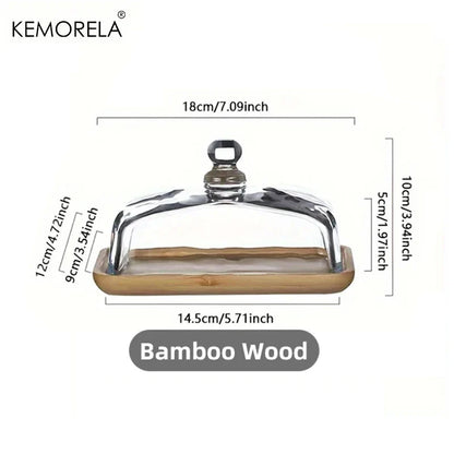 DecorBites™ Cake Dessert Wood Plate with Glass Dust Cover | Elegant Serving Dish for Various Treats