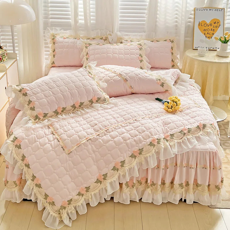 Decobites Korean Princess Bedding Set: Flowers, Lace, Ruffles, Embroidery, Quilted, Duvet Cover, Bedspread