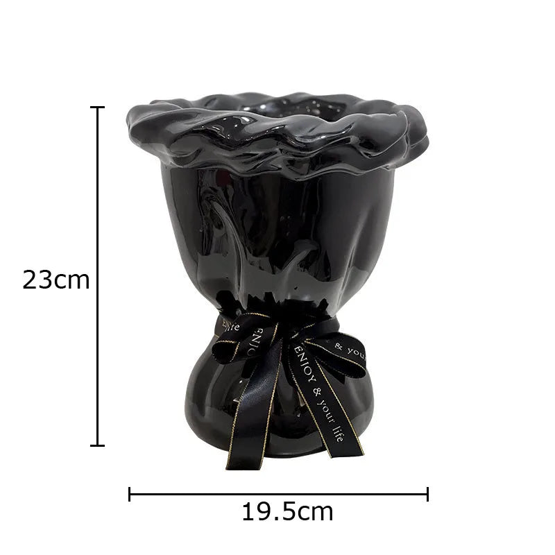 DecorBites™ Ceramic Vase with Artificial Flowers Bouquet for Desk and Room Decoration