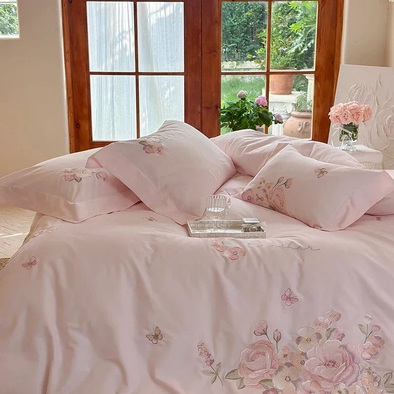 Decobites Pink Flowers Embroidery Cotton Bedding Set - Duvet Cover, Bed Sheet, Pillowcases