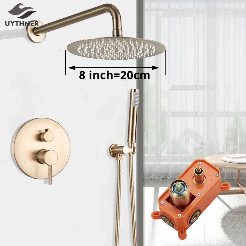 DecorBites™ Gold Shower Faucet with Rainfall Head and Hand Sprayer - Wall Mount Mixer Set