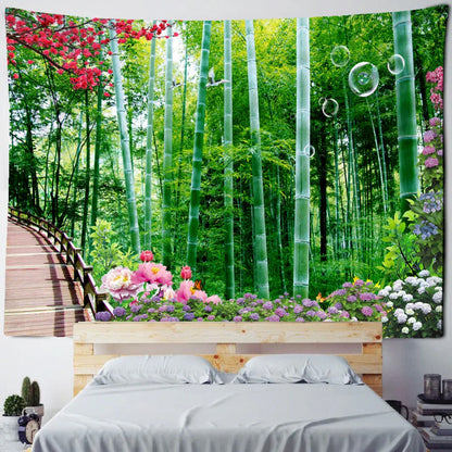 Decobites Bamboo Forest Pigeon Path Tapestry: Hippie Psychedelic Wall Hanging for Natural Home Decor