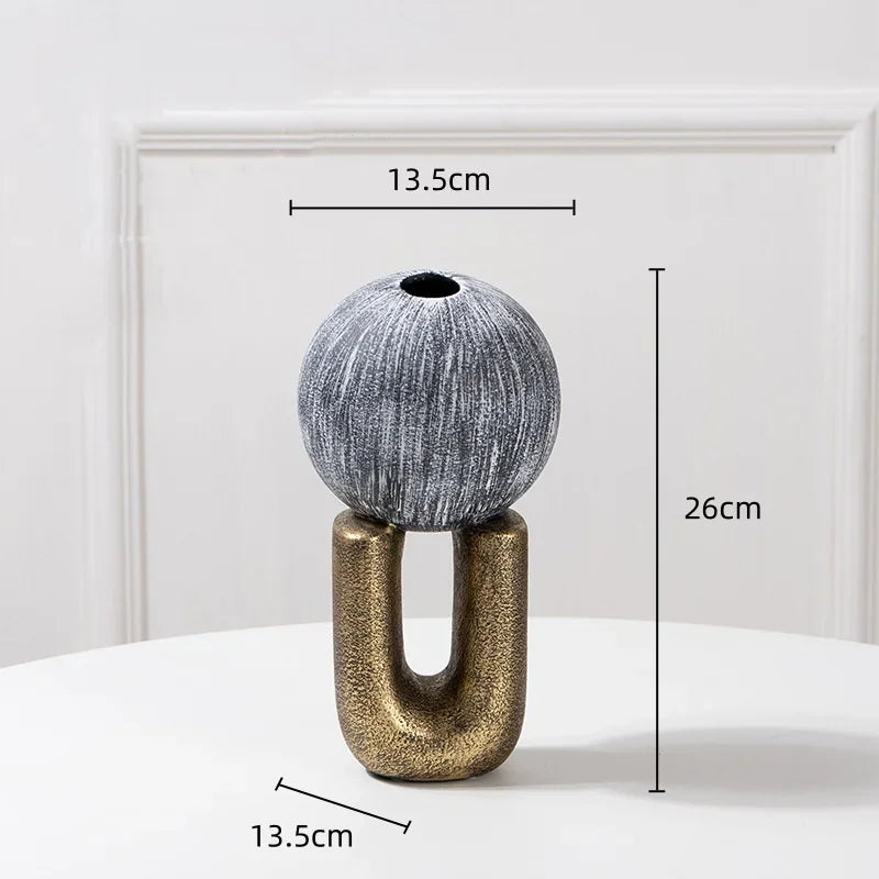 DecorBites™ Golden Stripe Geometric Ceramic Vase - Abstract Floral Arrangement Home Decor