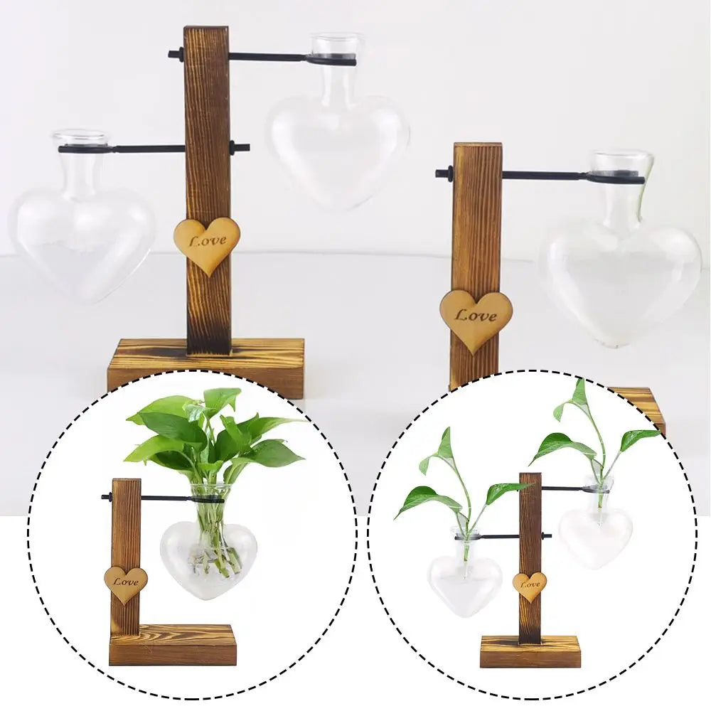 wooden stand with heart shape hydroponic glass vase and engraved love wooden charm by decorbites for home decor.