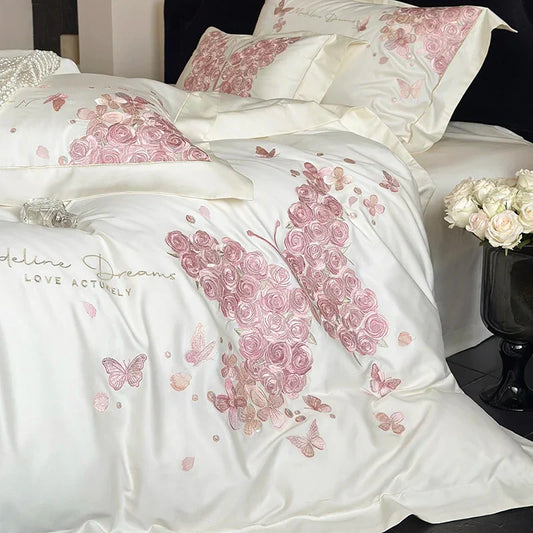 Decobites Rose Butterfly Embroidery 1000TC Egyptian Cotton Bedding Set in Cream White