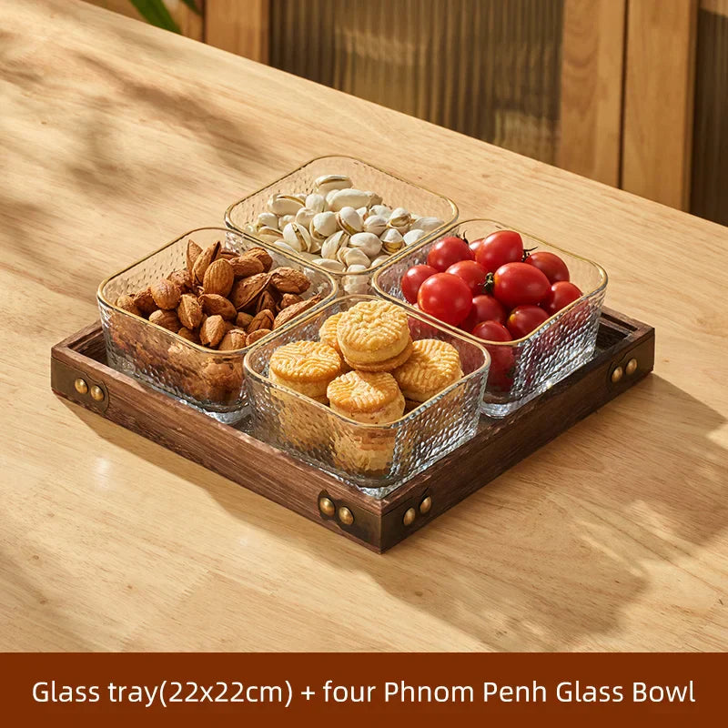 DecorBites™ Glass Wood Tea Table Tray, Rectangular Snack Food Fruit Bowl Serving Tray
