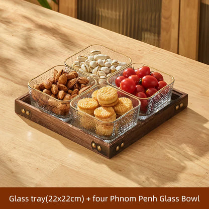 DecorBites™ Glass Wood Tea Table Tray, Rectangular Snack Food Fruit Bowl Serving Tray