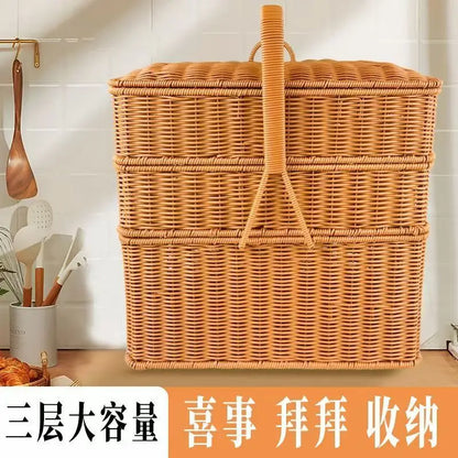 DecorBites™ Handwoven Rattan Picnic Basket with Lid and Rectangular Outdoor Storage