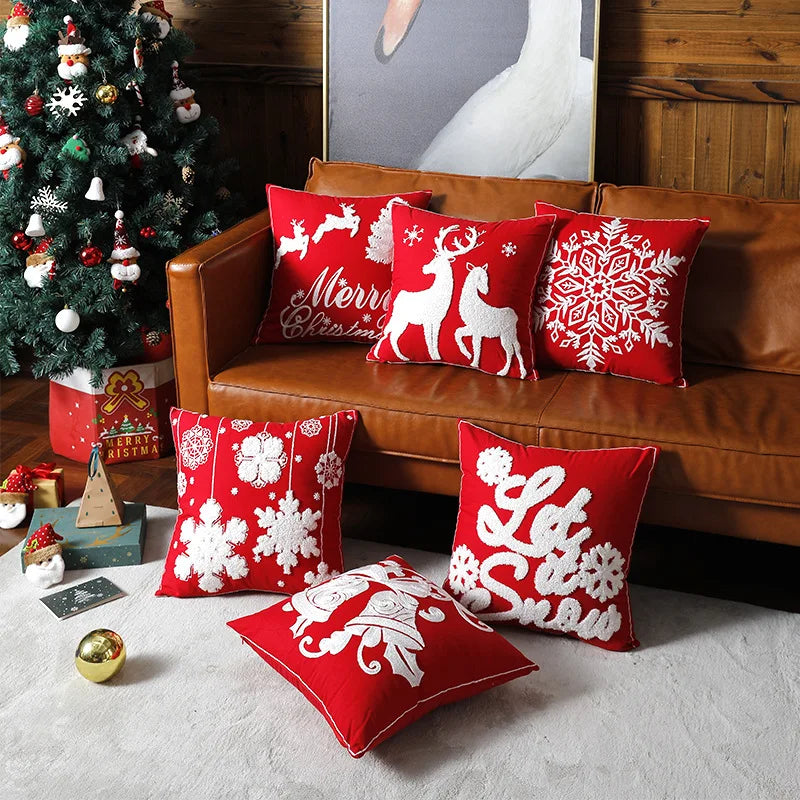 DecorBites™ Christmas Embroidered Cotton Canvas Pillow Covers Snowflake Elk Decor