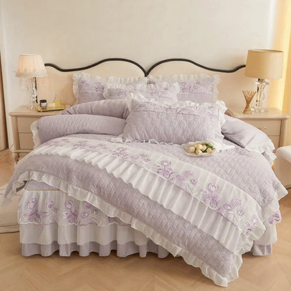 Decobites Quilted Embroidery Bedding Set with Lace Ruffles, Duvet Cover, Bed Skirt - Various Colors