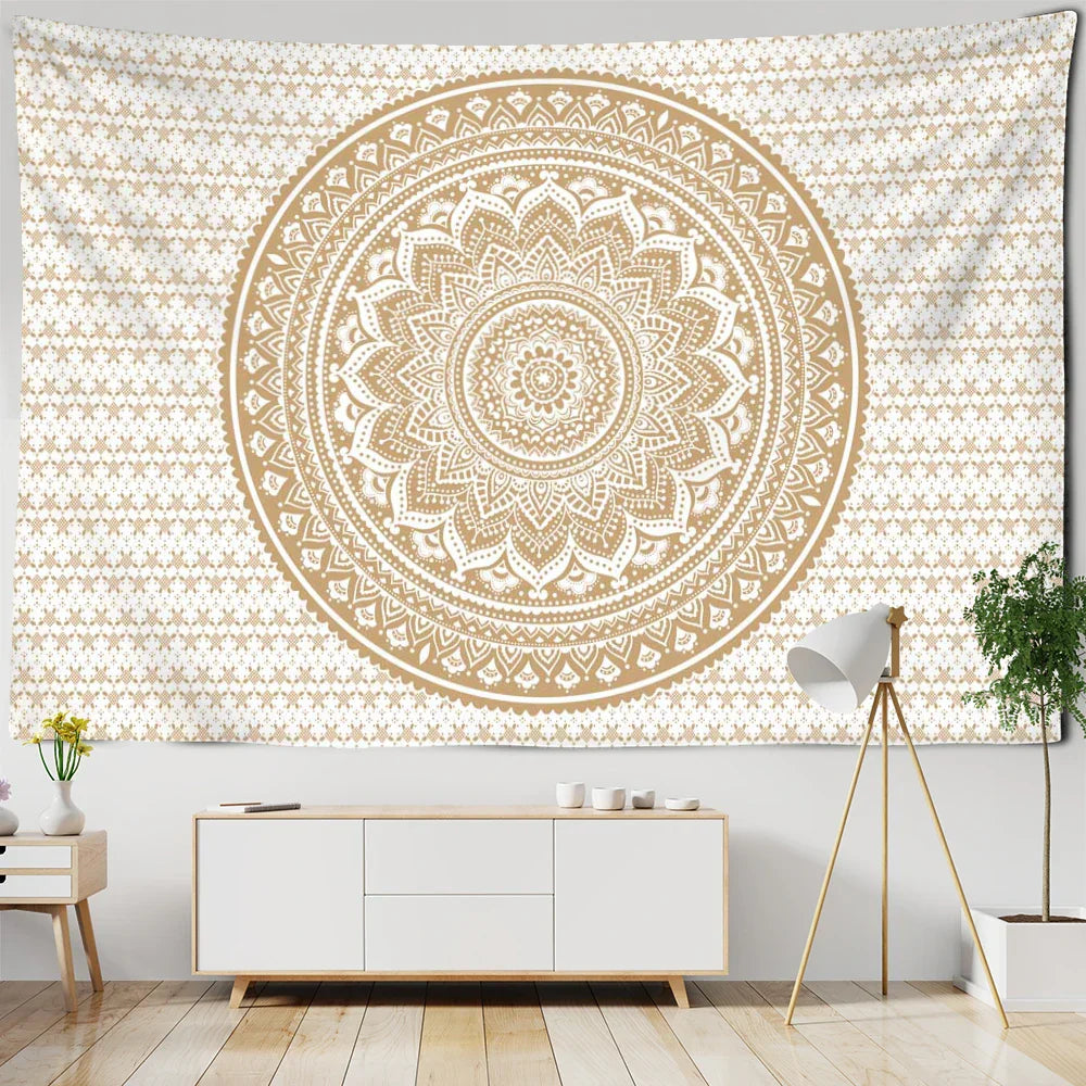 Decobites Light Yellow Mandala Tapestry: Abstract Flowers Psychedelic Art for Home Décor