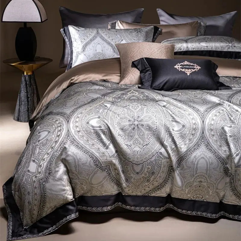 Decobites Vintage Luxury Jacquard Egyptian Cotton Bedding Set with Duvet, Sheet and Pillowcase