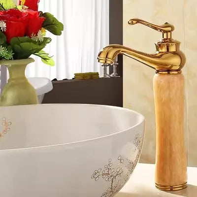 Decorbites™ Grifo de Lavabo de Baño en Oro, Jade y Latón | Montado en Cubierta Mezclador de Agua Caliente y Fría