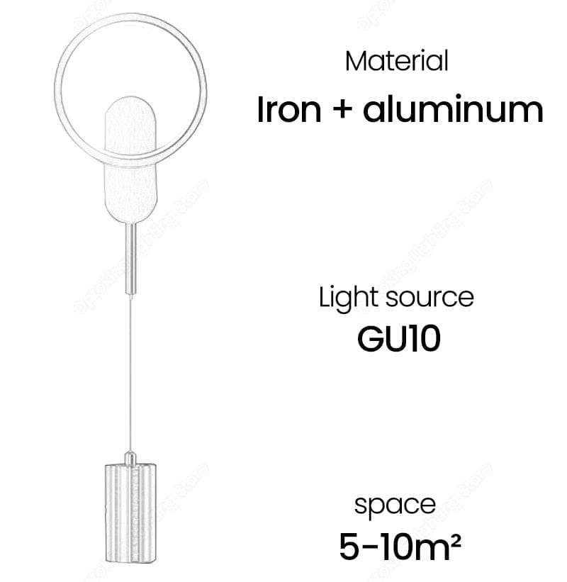 a modern nordic led wall lamp bedroom sconce in black gold featuring a minimalist pendant light fixture with a circular iron and aluminum top suspended by a thin wire from a cylindrical gu10 bulb base