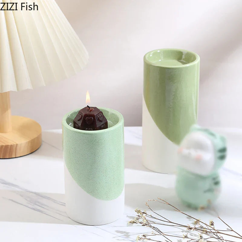 DecorBites™ Green Cylinder Candle Holder Set for Romantic Home Decor