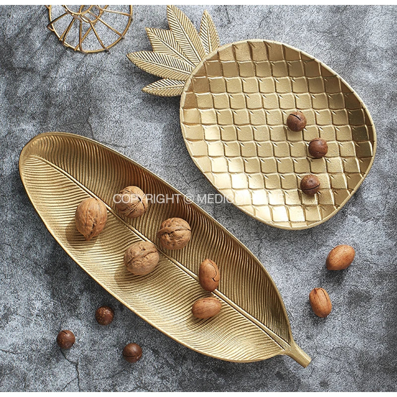 DecorBites™ Leaf Shape Gold Paint Wooden Tray 14.5x40cm - Modern Decorative Tableware