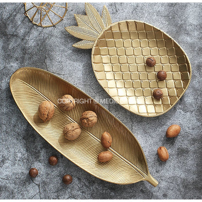 DecorBites™ Leaf Shape Gold Paint Wooden Tray 14.5x40cm - Modern Decorative Tableware