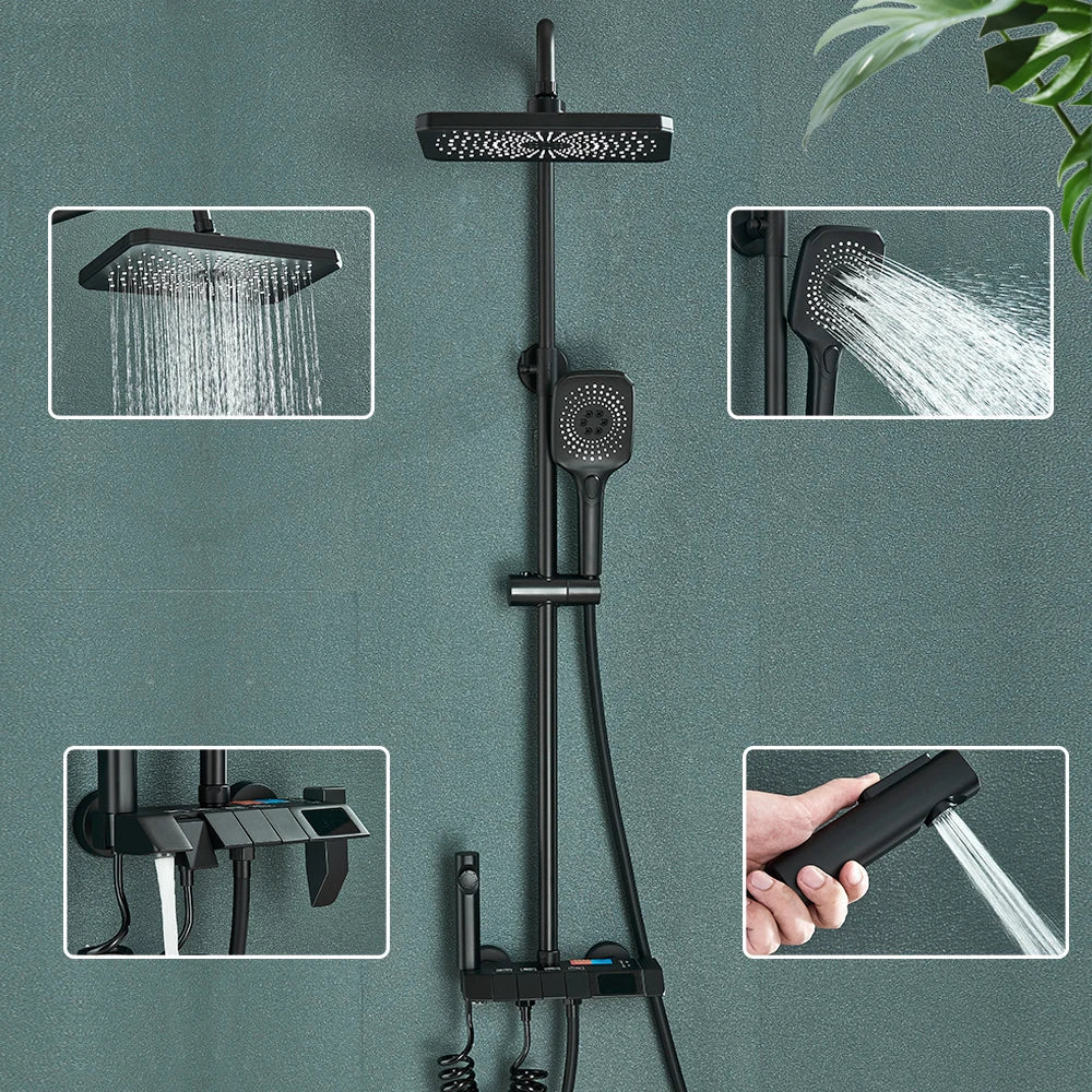 DecorBites™ Black Smart Digital Rainfall Shower System with Grey Mixer Tap
