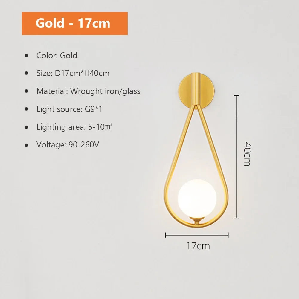 DecorBites™ Glass Shade Gold Wall Lamp Bedroom Bedside Spherical Aisle Light