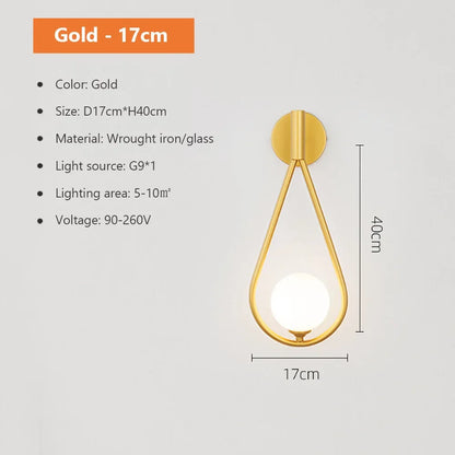 DecorBites™ Glass Shade Gold Wall Lamp Bedroom Bedside Spherical Aisle Light