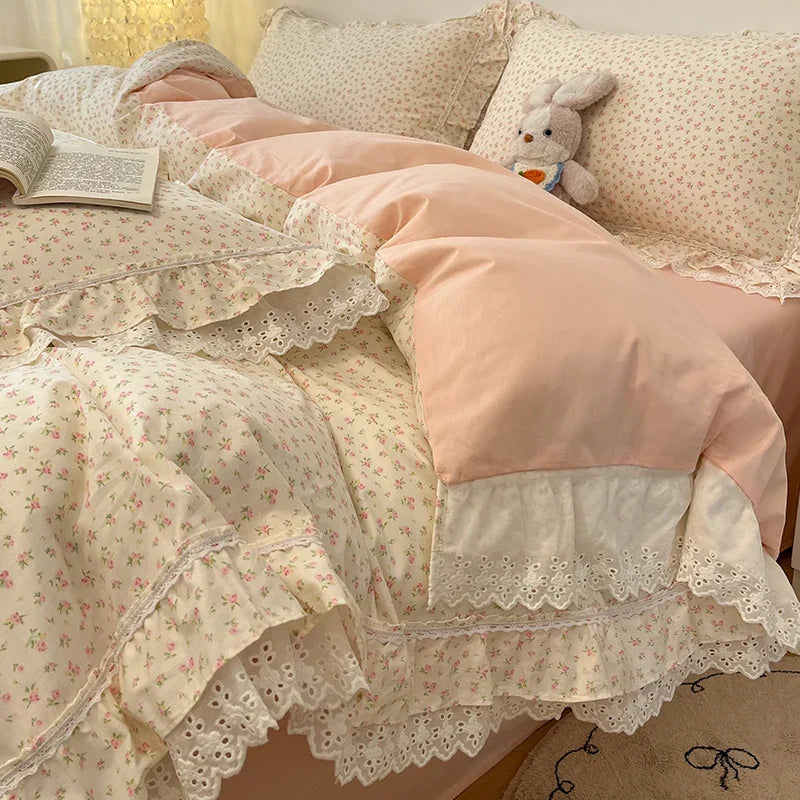 Decobites Princess Style Flowers Lace Ruffles 100% Cotton Bedding Set - 4Pcs