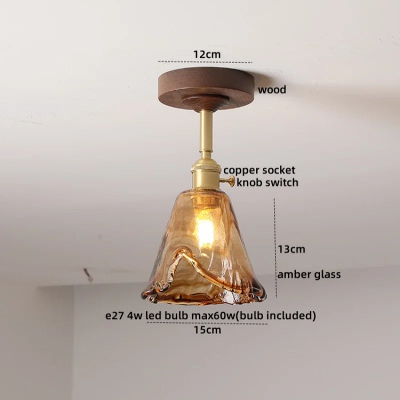 Green Glass Ceiling Lamp Copper Wood Accent
