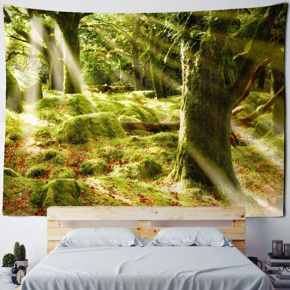 Fog Forest Sunlight Tapestry: Decobites Natural Scenery Aesthetic Wall Hanging