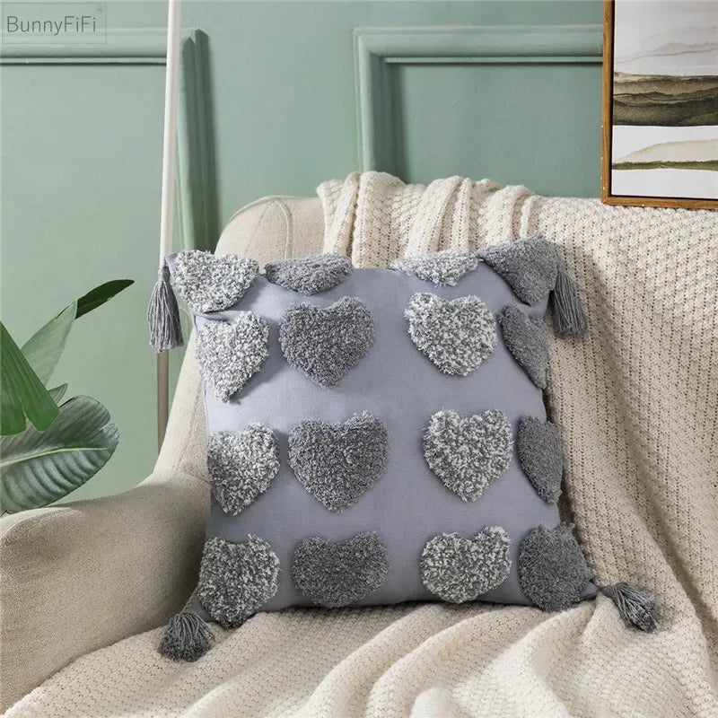 DecorBites™ Heart Embroidery Cushion Cover 45x45cm Orange Grey Geometric Pillowcase